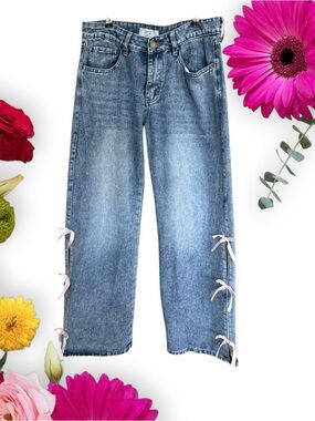 Rise Straight Leg High-Waist Denim-Pants Baggy Jeans with Side Ribbon Acid-Blue